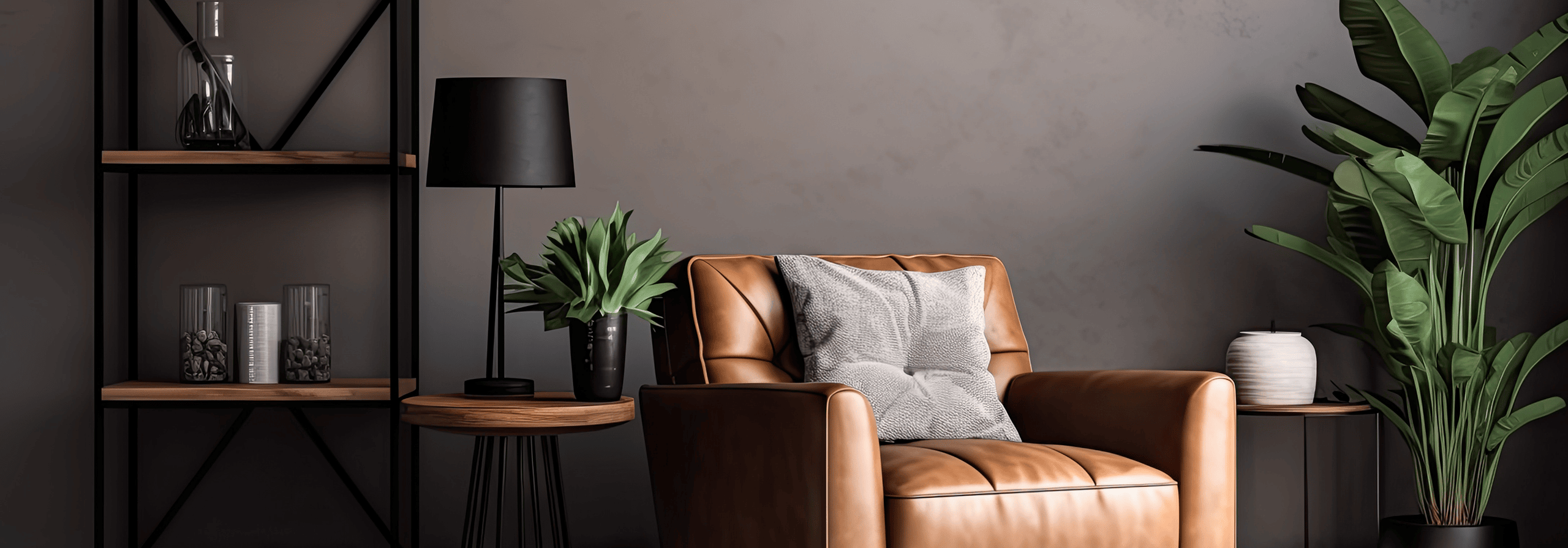 Elegant masculine living room interior design with mock up poster frame, brown armchair, industrial geometric shelf, and personal accessories.